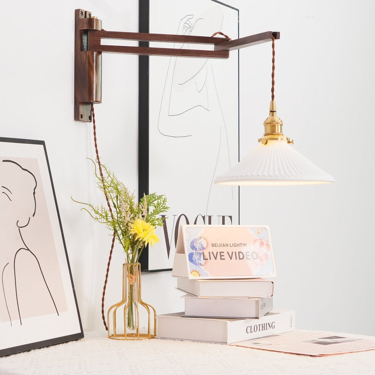 Evin Nordic Art Swing Arm Walnut Ceramic Wall Lamp