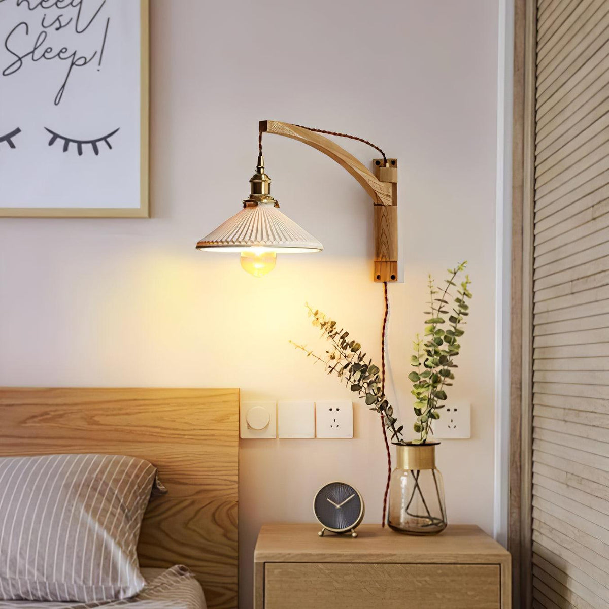 Evin Nordic Art Swing Arm Walnut Ceramic Wall Lamp