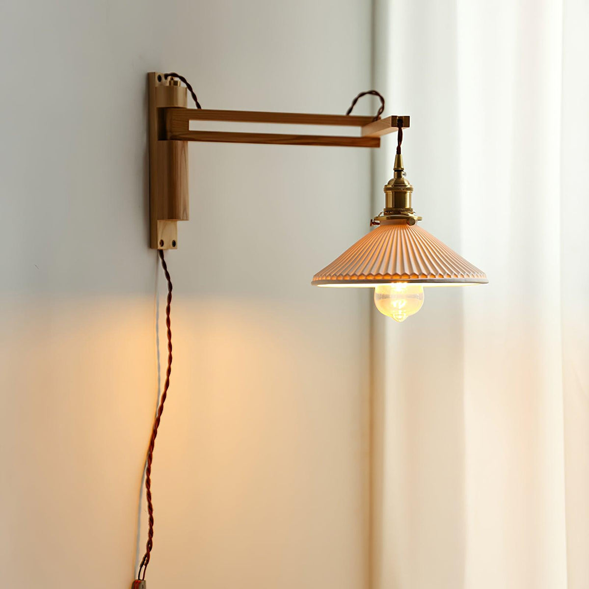 Evin Nordic Art Swing Arm Walnut Ceramic Wall Lamp