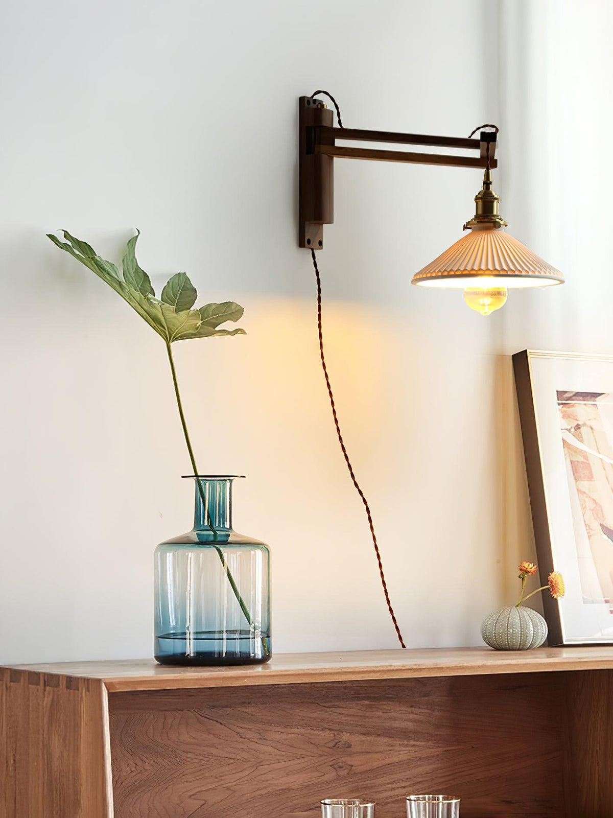 Evin Nordic Art Swing Arm Walnut Ceramic Wall Lamp