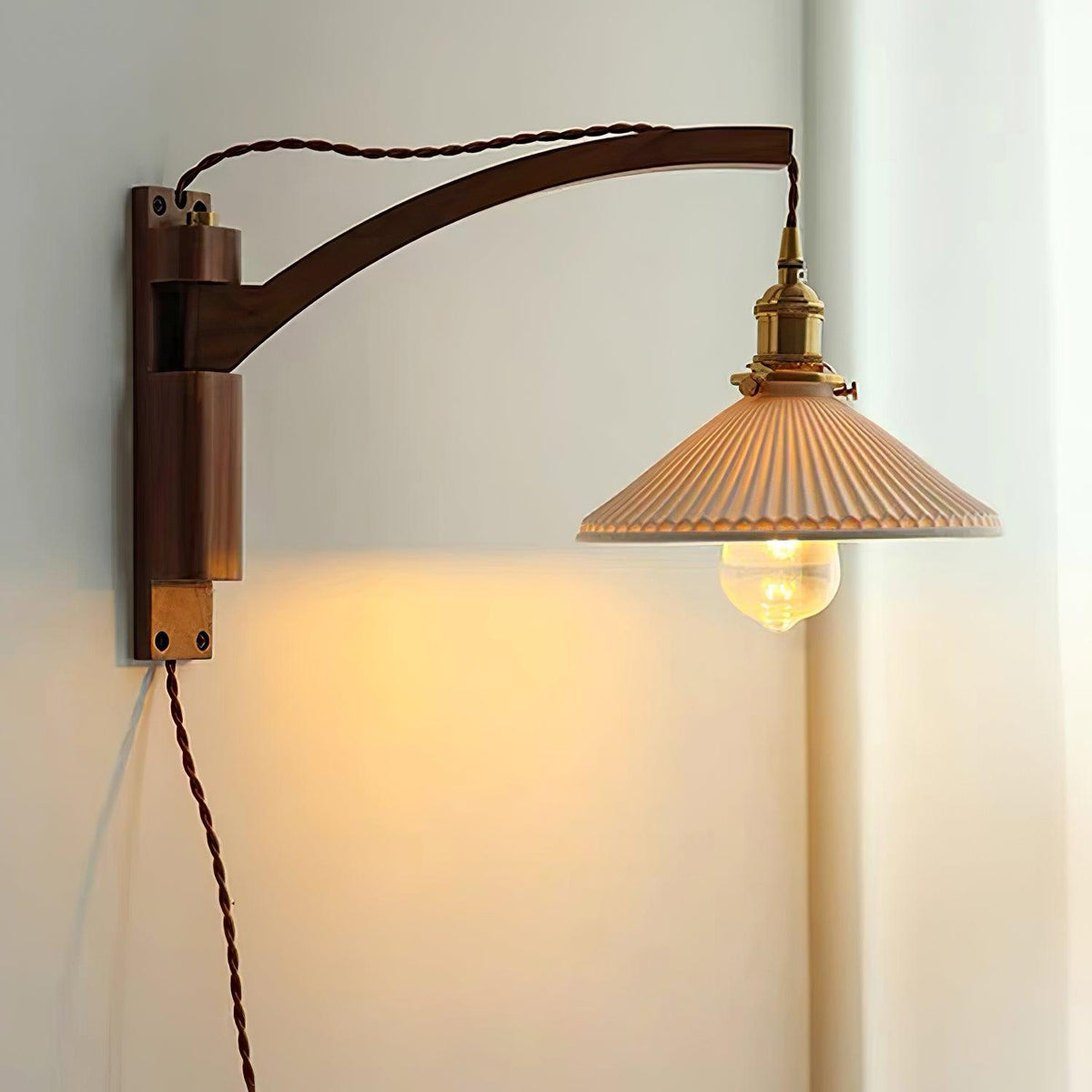 Evin Nordic Art Swing Arm Walnut Ceramic Wall Lamp