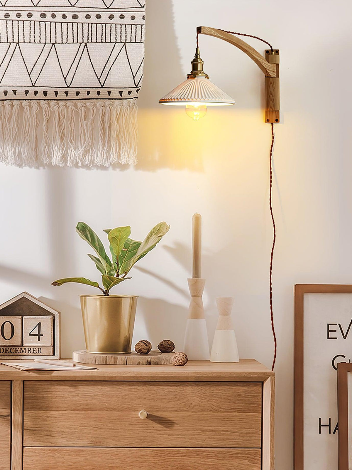 Evin Nordic Art Swing Arm Walnut Ceramic Wall Lamp