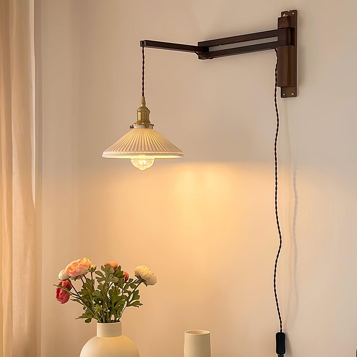 Evin Nordic Art Swing Arm Walnut Ceramic Wall Lamp