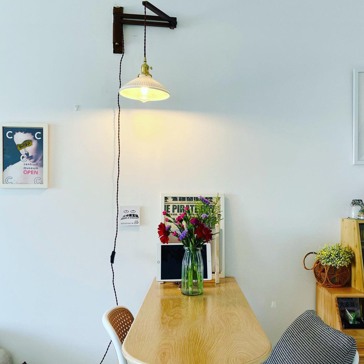 Sathen Nordic Art Telescopic Walnut Ceramic Wooden Wall Lamp