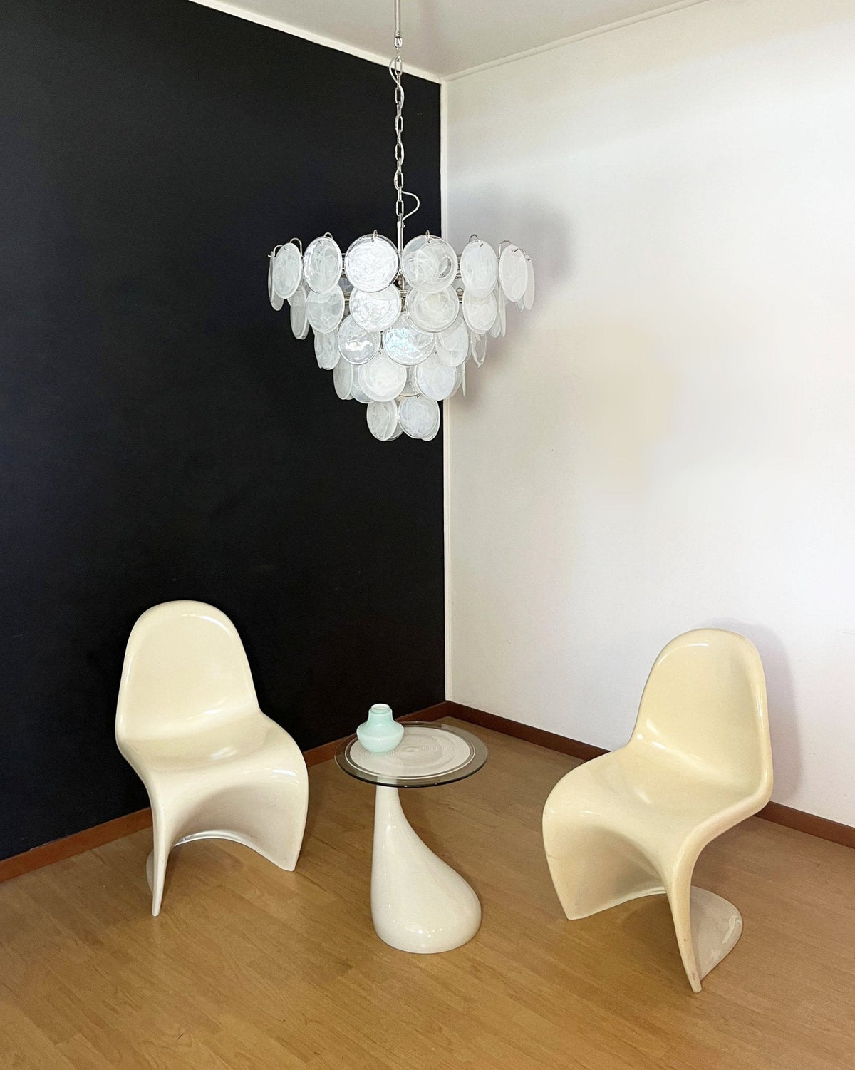 Veloelle Chandelier White Murano Glass Disc Contemporary