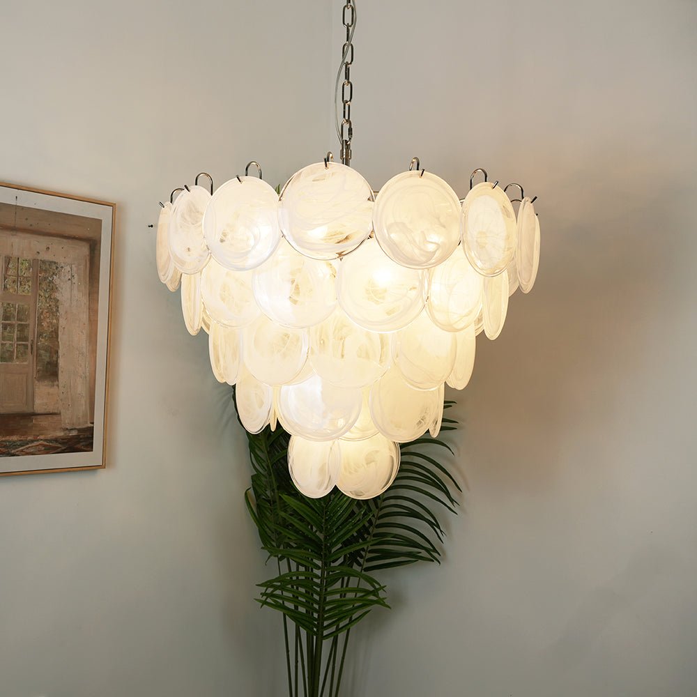Veloelle Chandelier White Murano Glass Disc Contemporary
