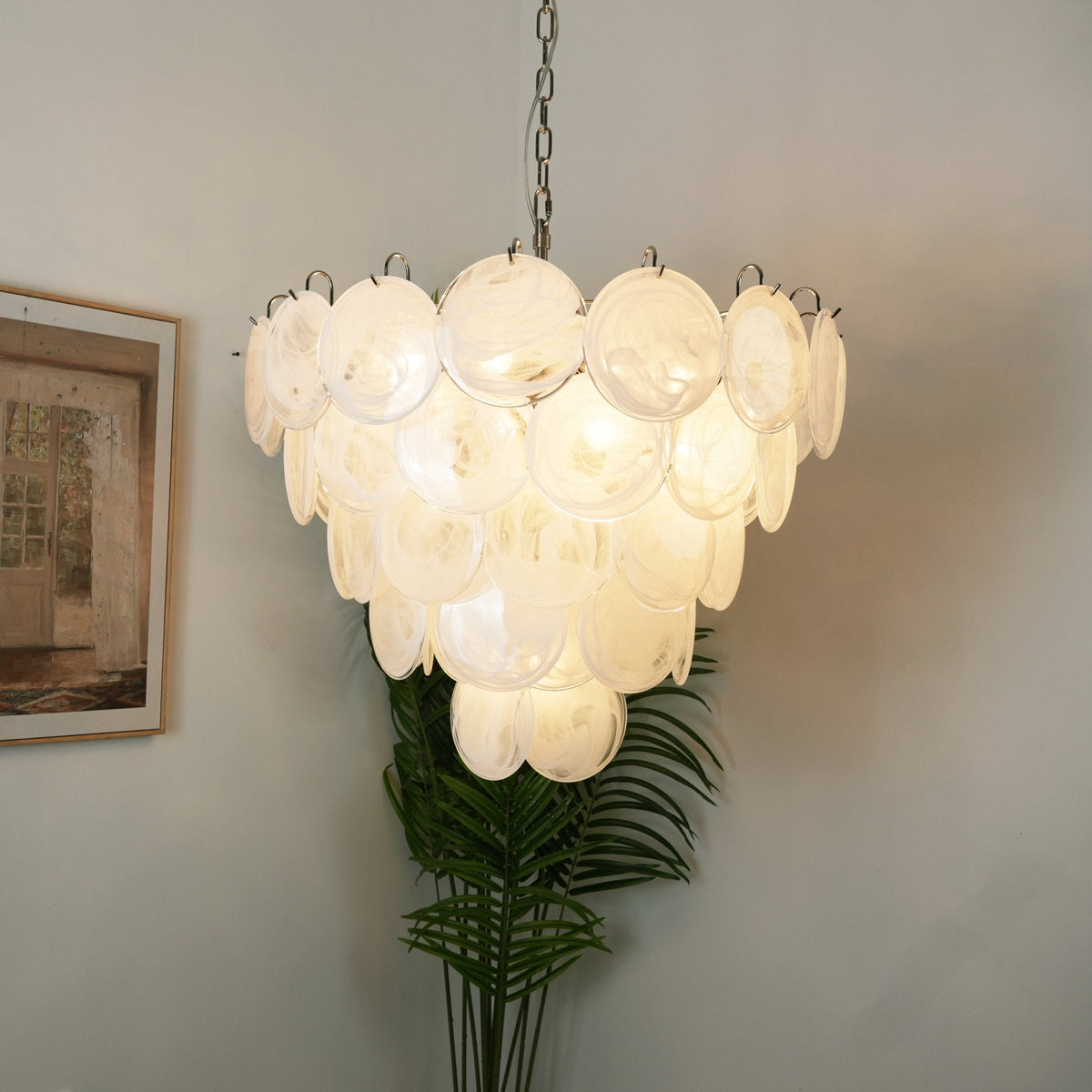 Veloelle Chandelier White Murano Glass Disc Contemporary