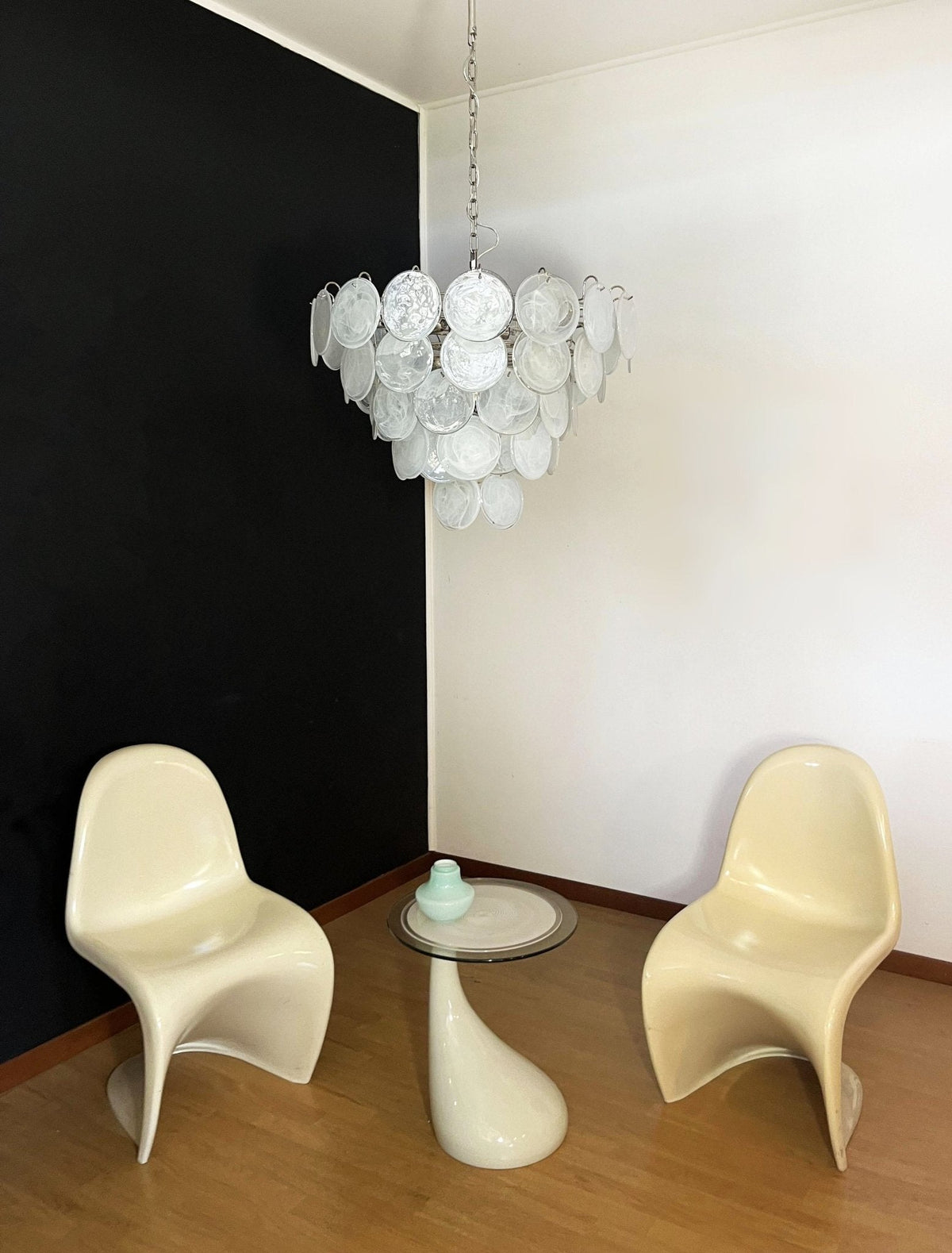 Veloelle Chandelier White Murano Glass Disc Contemporary