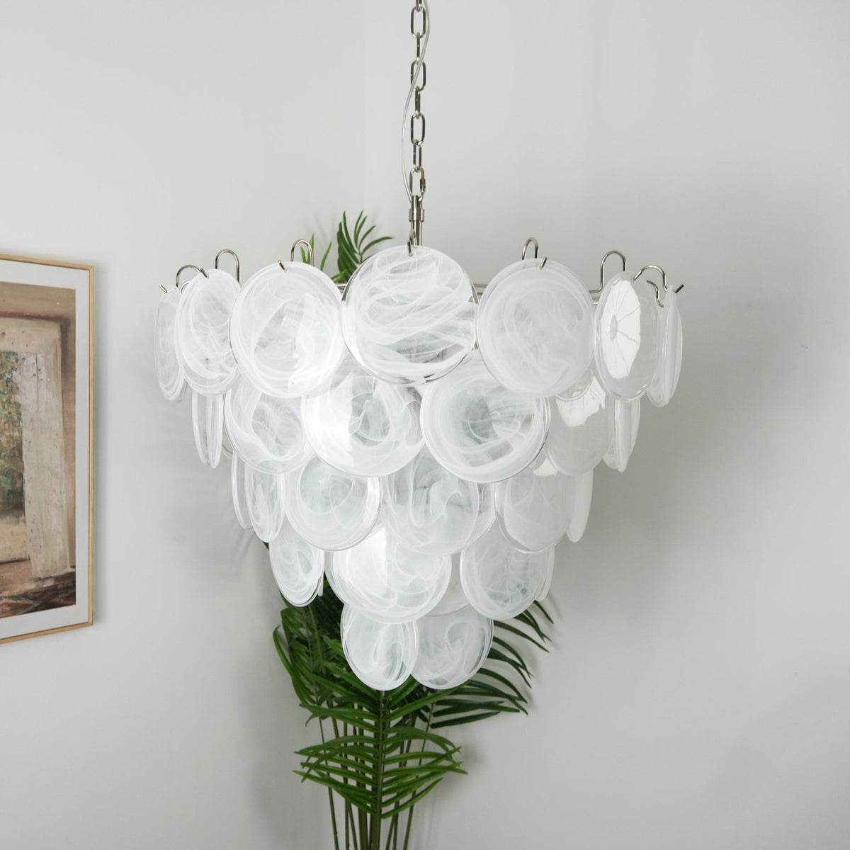 Veloelle Chandelier White Murano Glass Disc Contemporary
