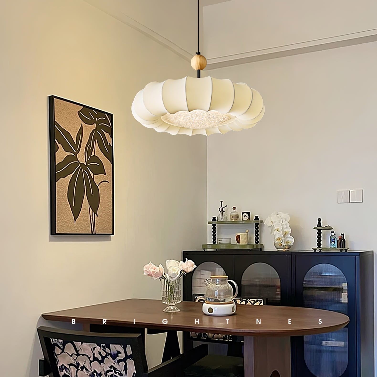 Embers Traditional Natural Veil Wood Fabric Pendant Light