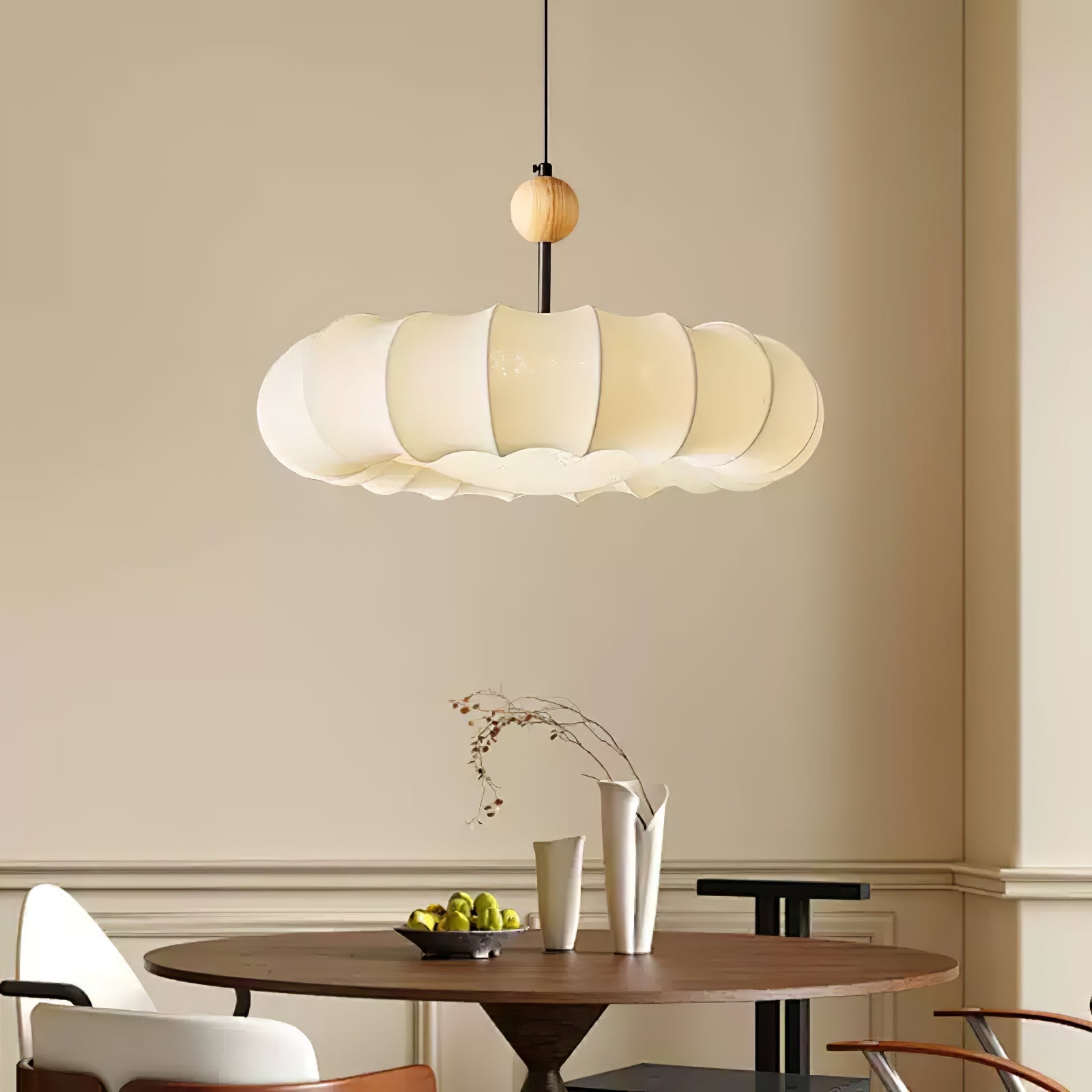 Embers Traditional Natural Veil Wood Fabric Pendant Light