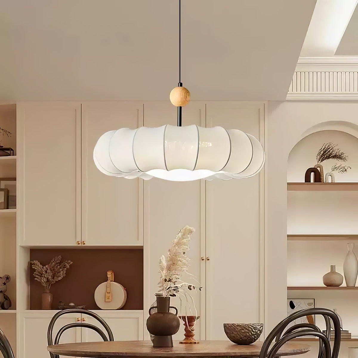 Embers Traditional Natural Veil Wood Fabric Pendant Light