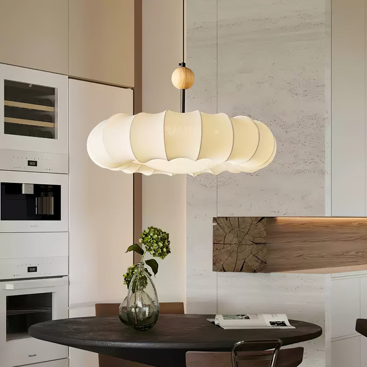 Embers Traditional Natural Veil Wood Fabric Pendant Light