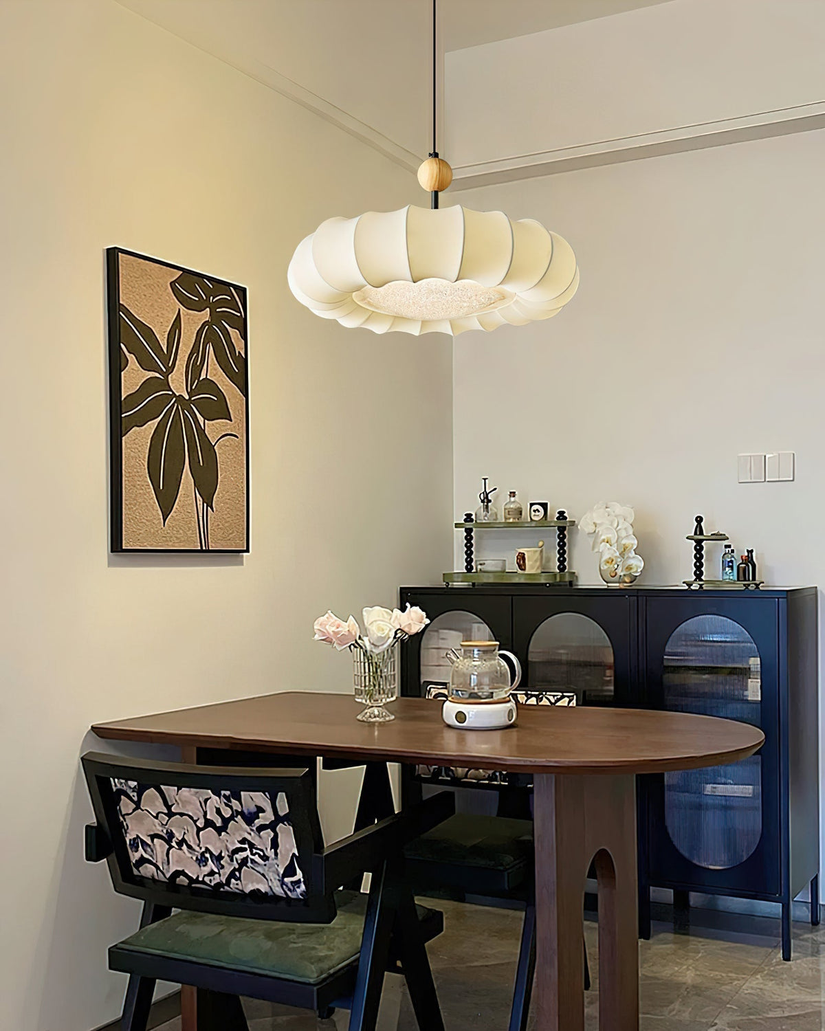 Embers Traditional Natural Veil Wood Fabric Pendant Light