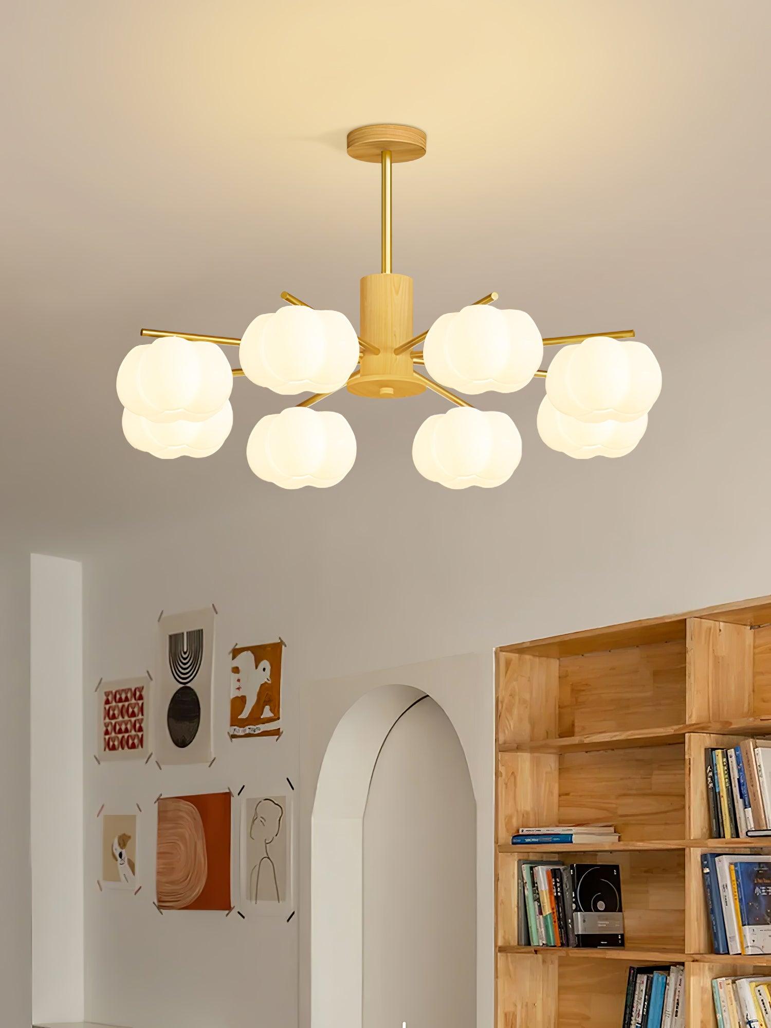 Sylanira Chandelier Wooden Cotton Balls Gold PE