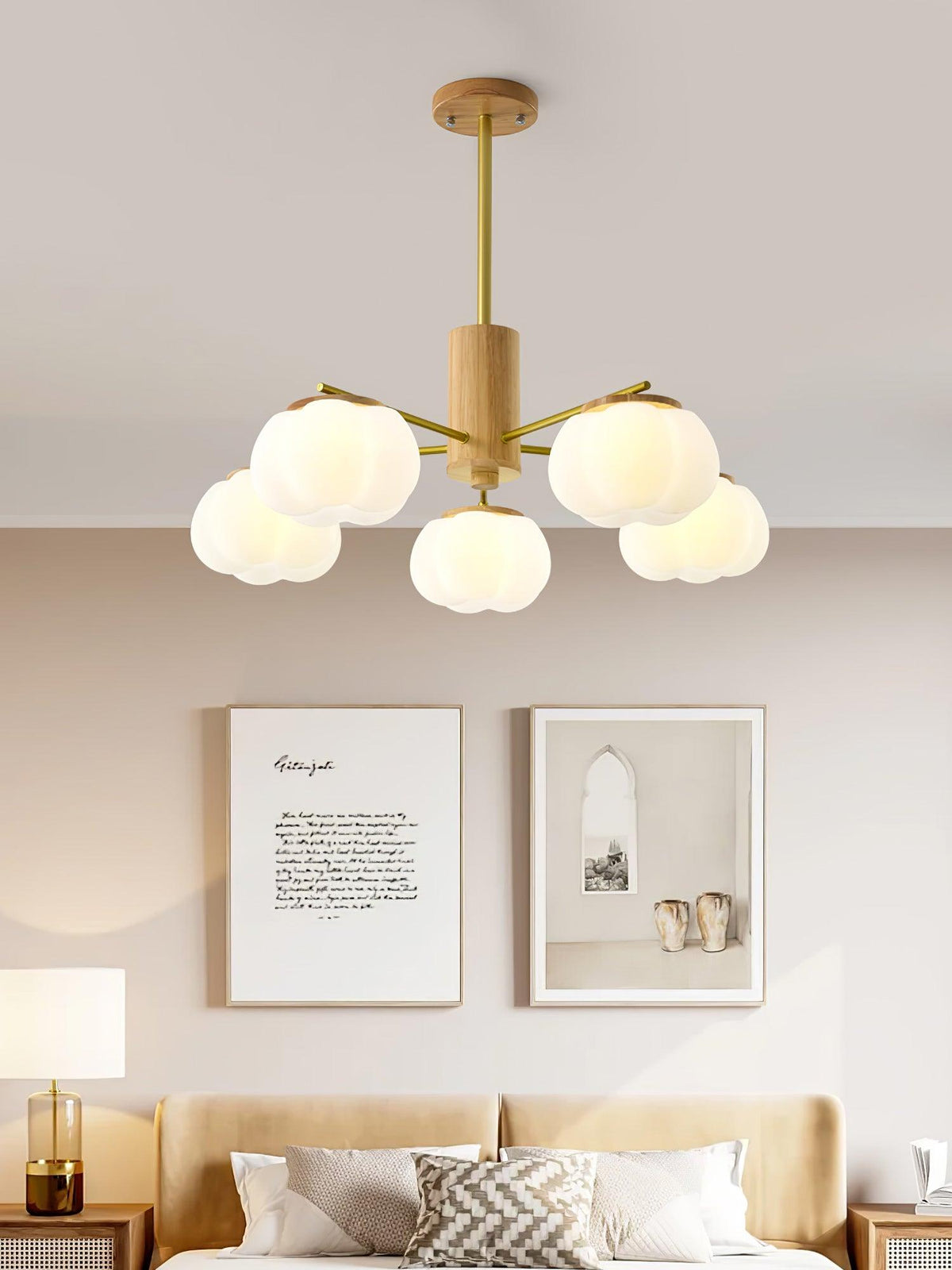 Sylanira Chandelier Wooden Cotton Balls Gold PE