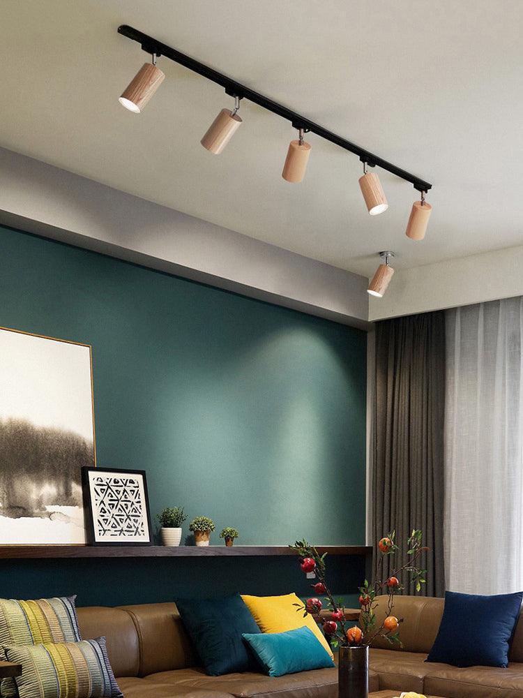 Elviian Ceiling Lamp Wood Track Adjustable Heads
