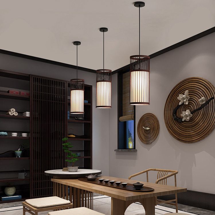 Muto Weave Cylinder Pendant Light, Coffee/Wood, /Bamboo - Neutral Decor