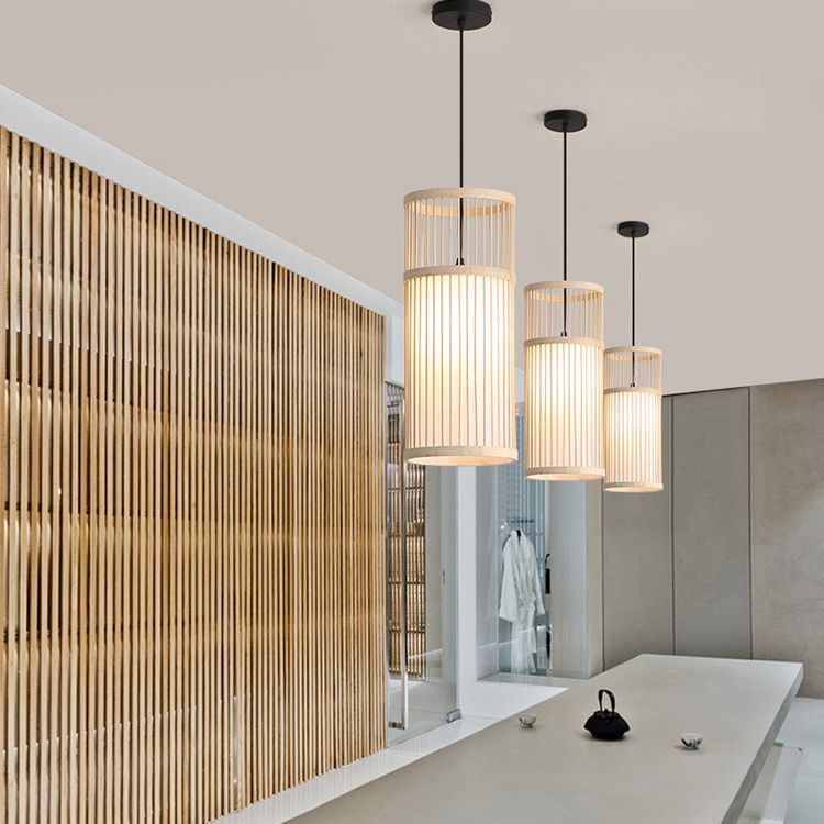 Muto Weave Cylinder Pendant Light, Coffee/Wood, /Bamboo - Neutral Decor