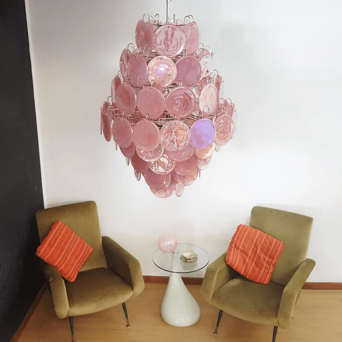 Aurora Chandelier Pink Murano Glass Handblown Discs - Neutral Decor