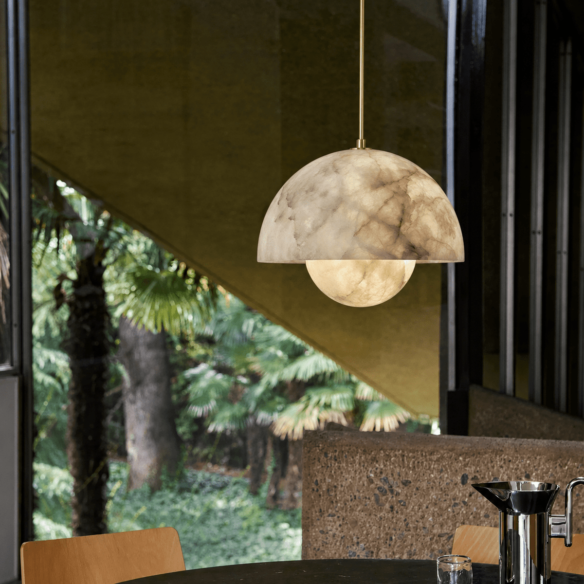 Alabaster Bud Dome Brass Pendant Light