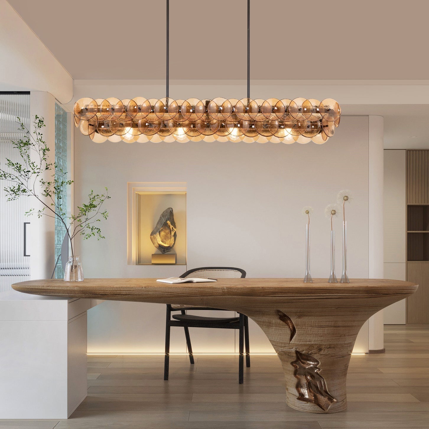 Veleniel Chandelier Linear Amber Pressed Glass Disc Modern