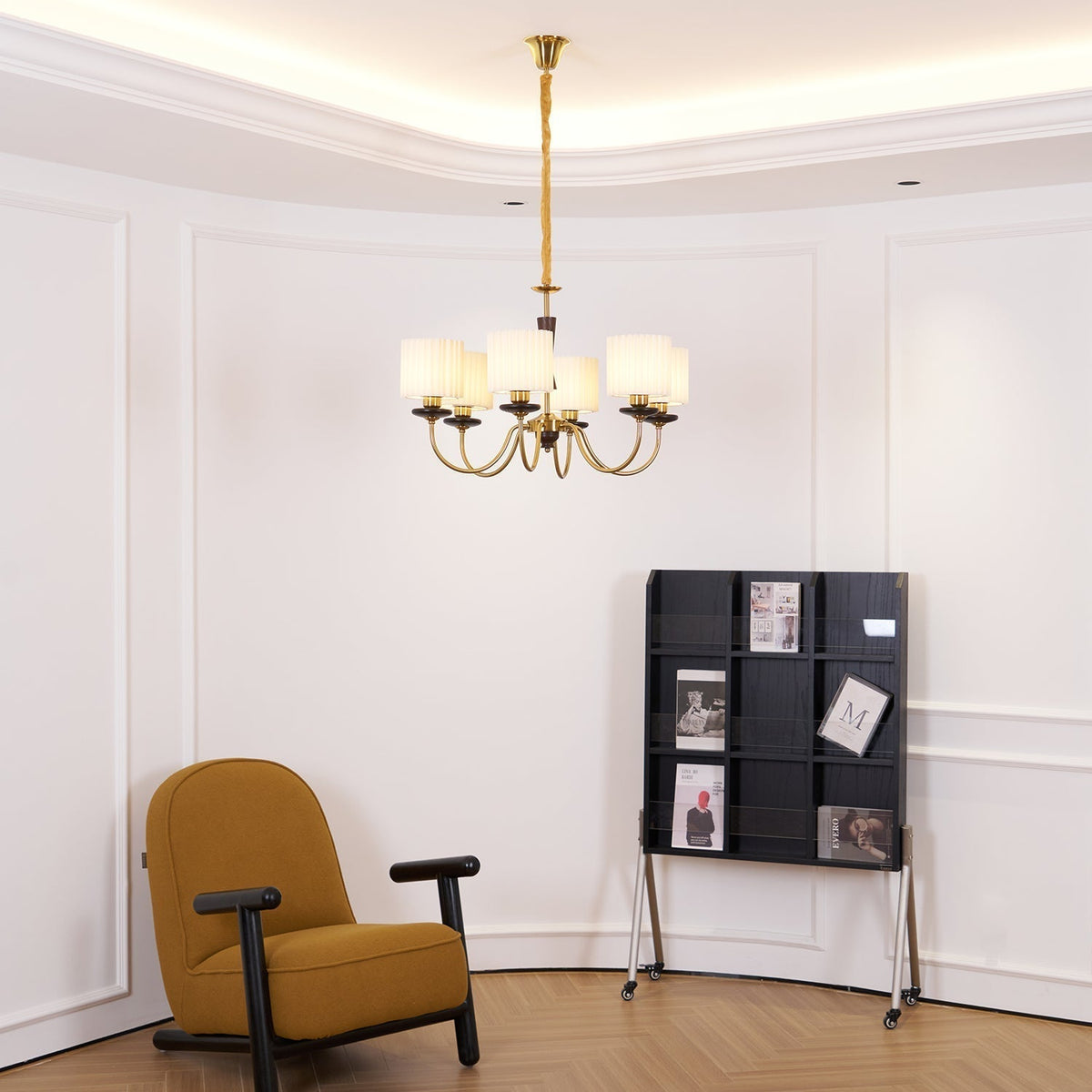 Corviel Chandelier Brass Fabric Pleated Shades