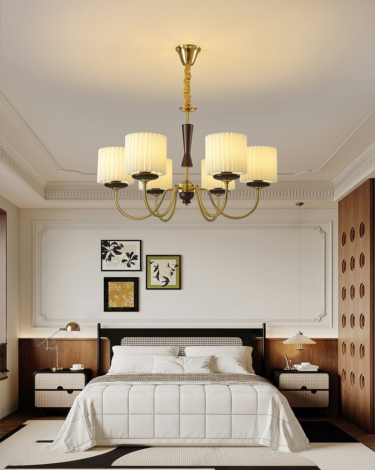 Corviel Chandelier Brass Fabric Pleated Shades