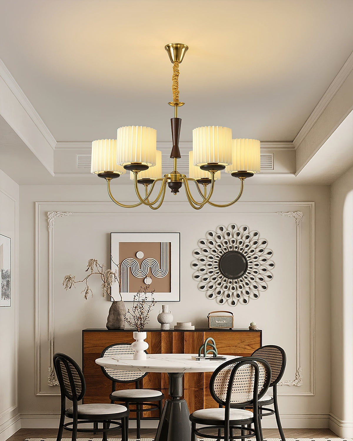 Corviel Chandelier Brass Fabric Pleated Shades