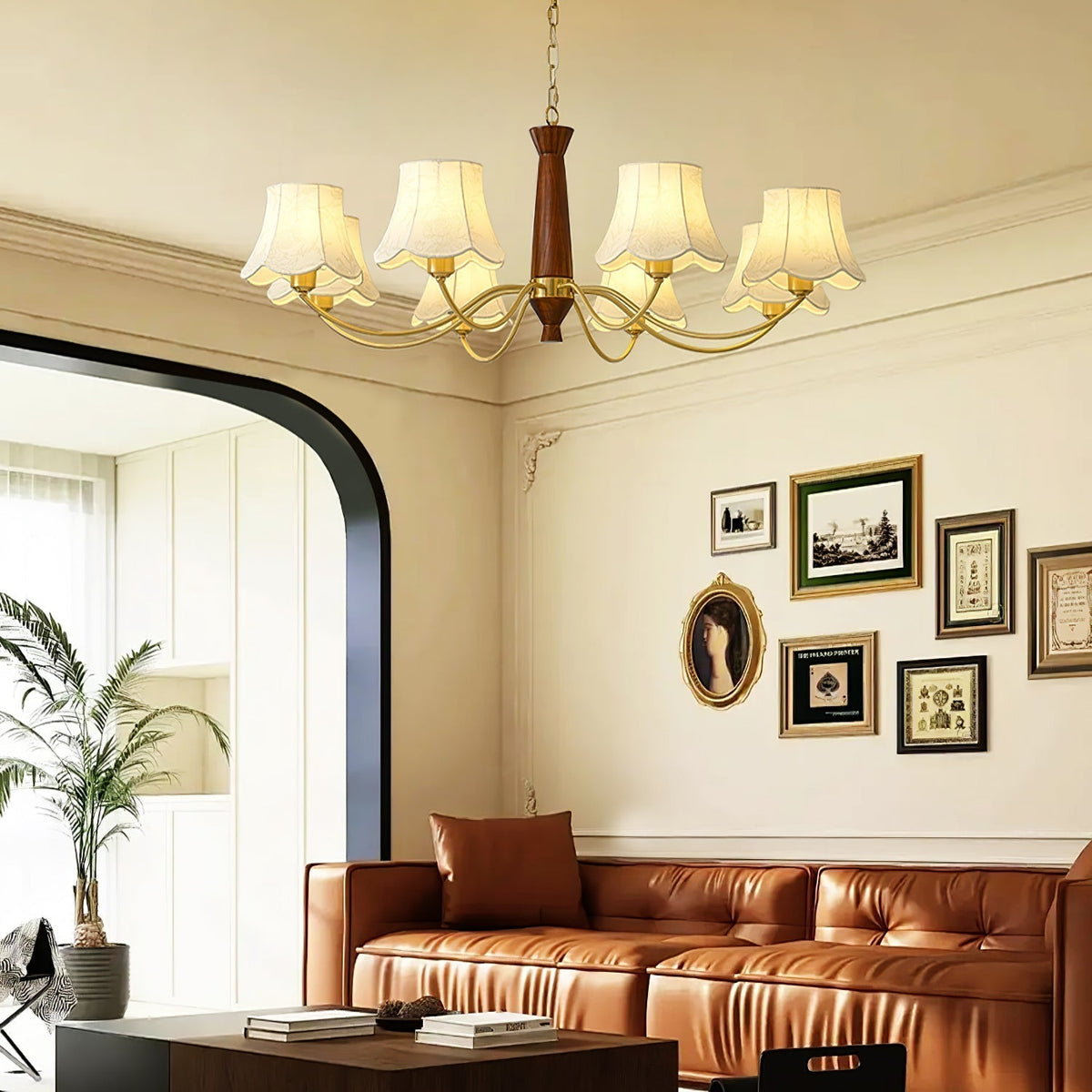 Kaelith Chandelier Brass Fabric Curved Arms