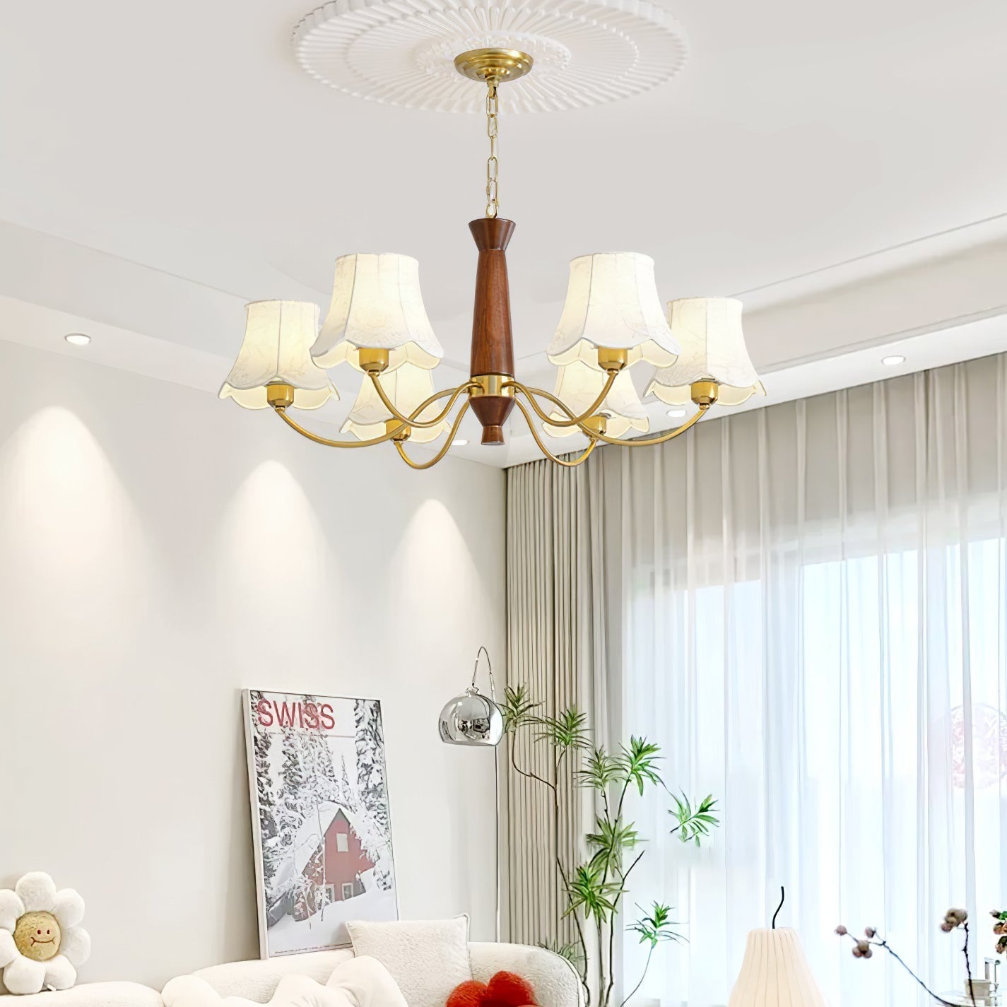 Kaelith Chandelier Brass Fabric Curved Arms