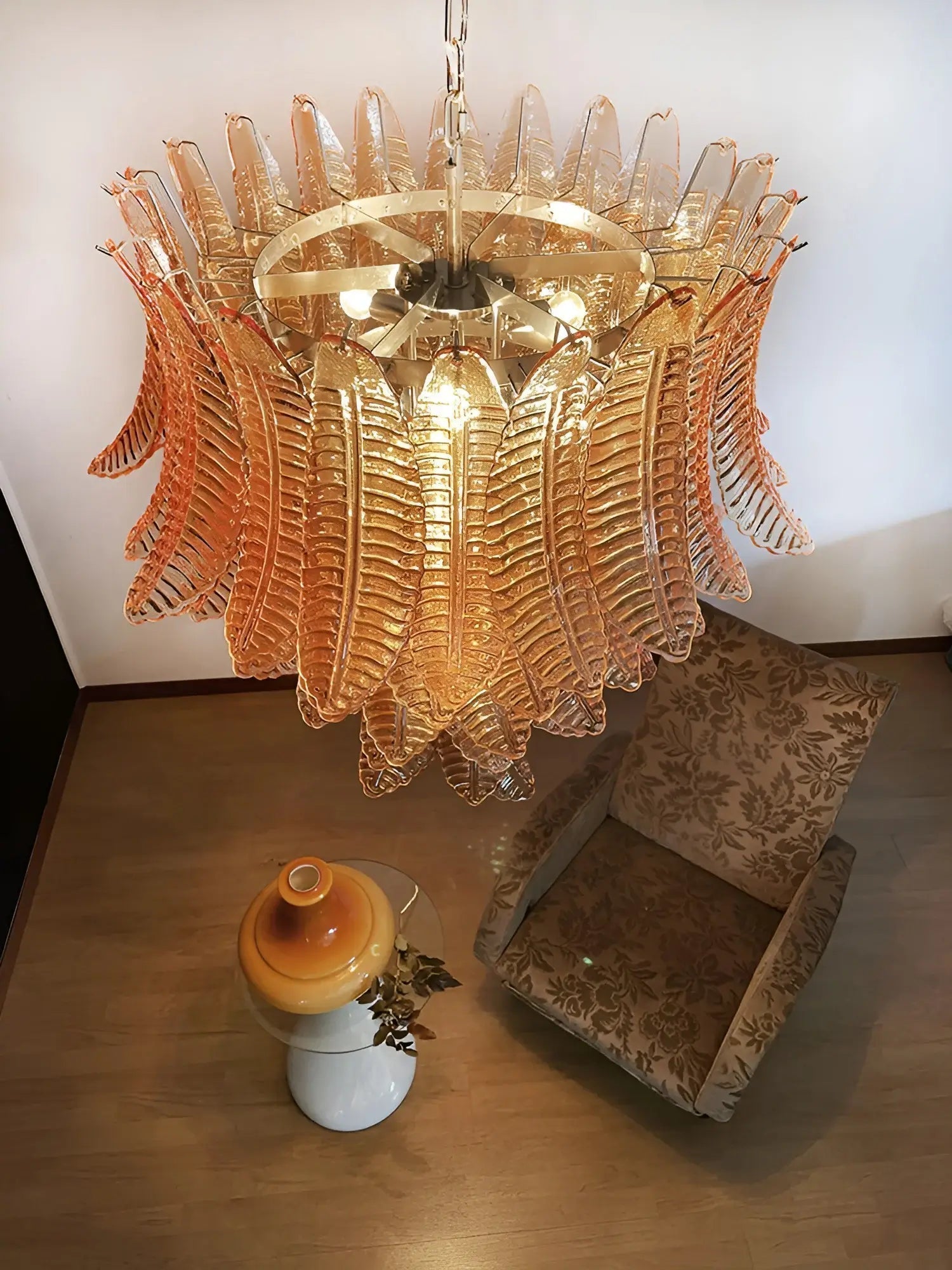 Veleena Chandelier Amber Murano Glass Leaves Layered