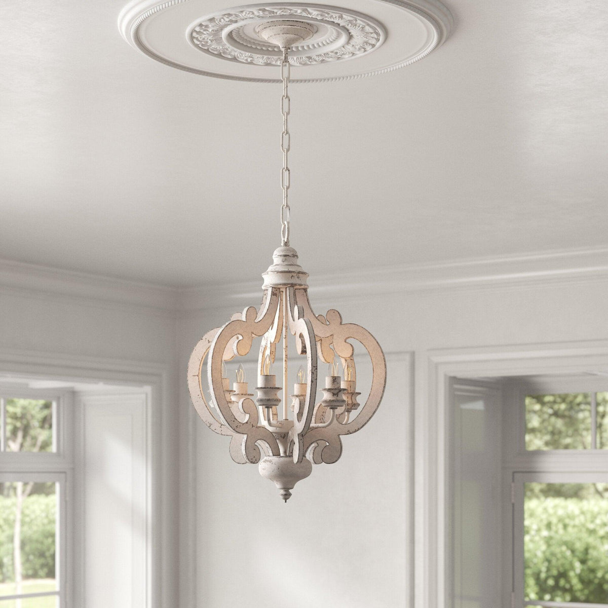 Rinaian Chandelier Scroll Wood Whitewashed Rustic