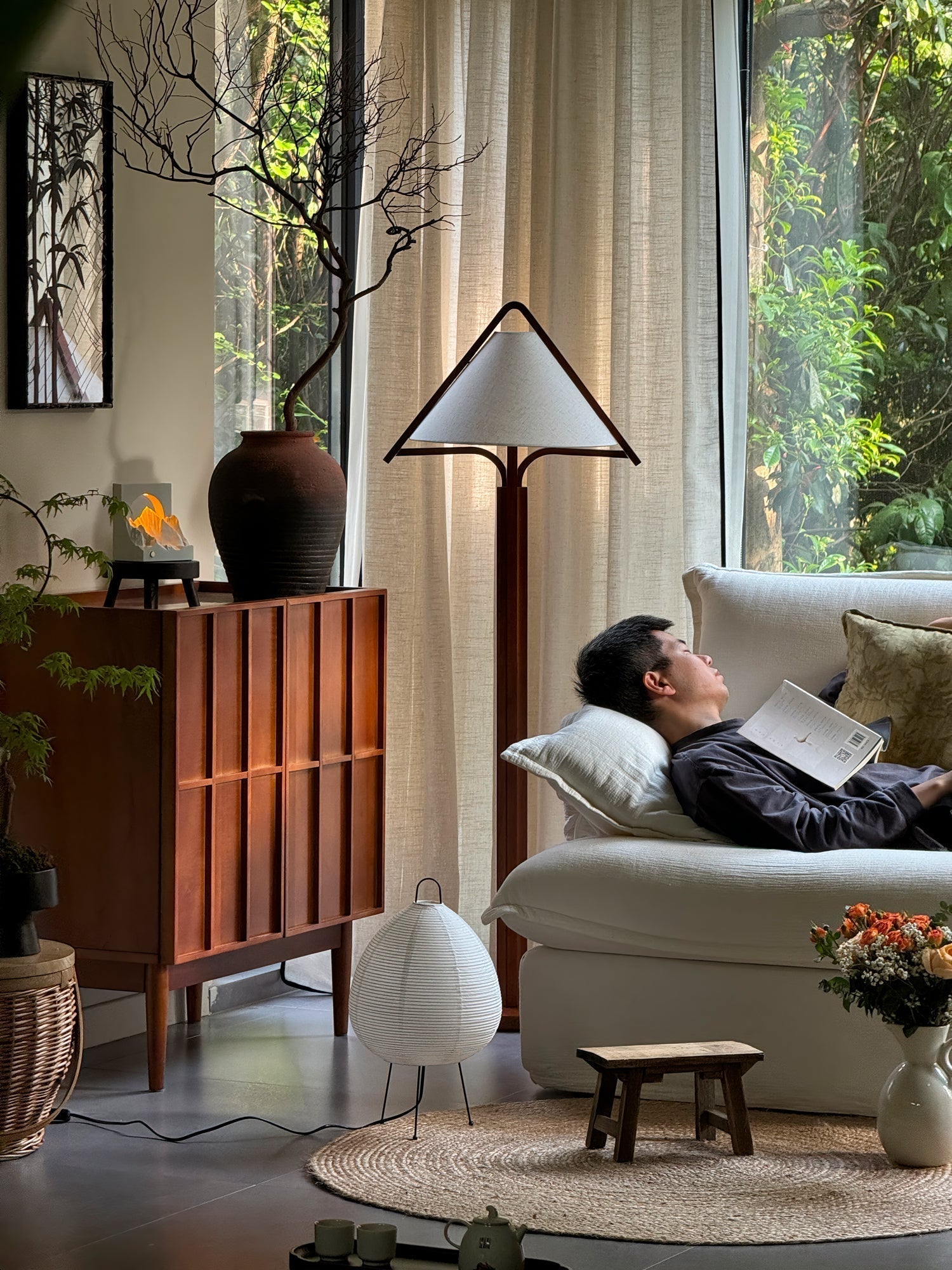 Ersolan Triangular Wood & Fabric Floor Lamp