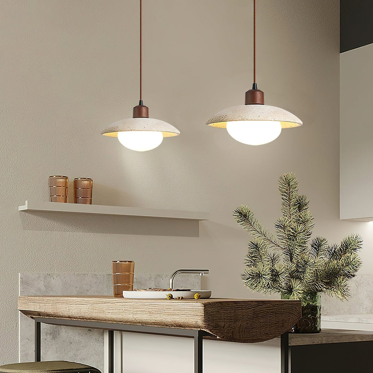 Delora Dome-Shade Travertine Pendant Light