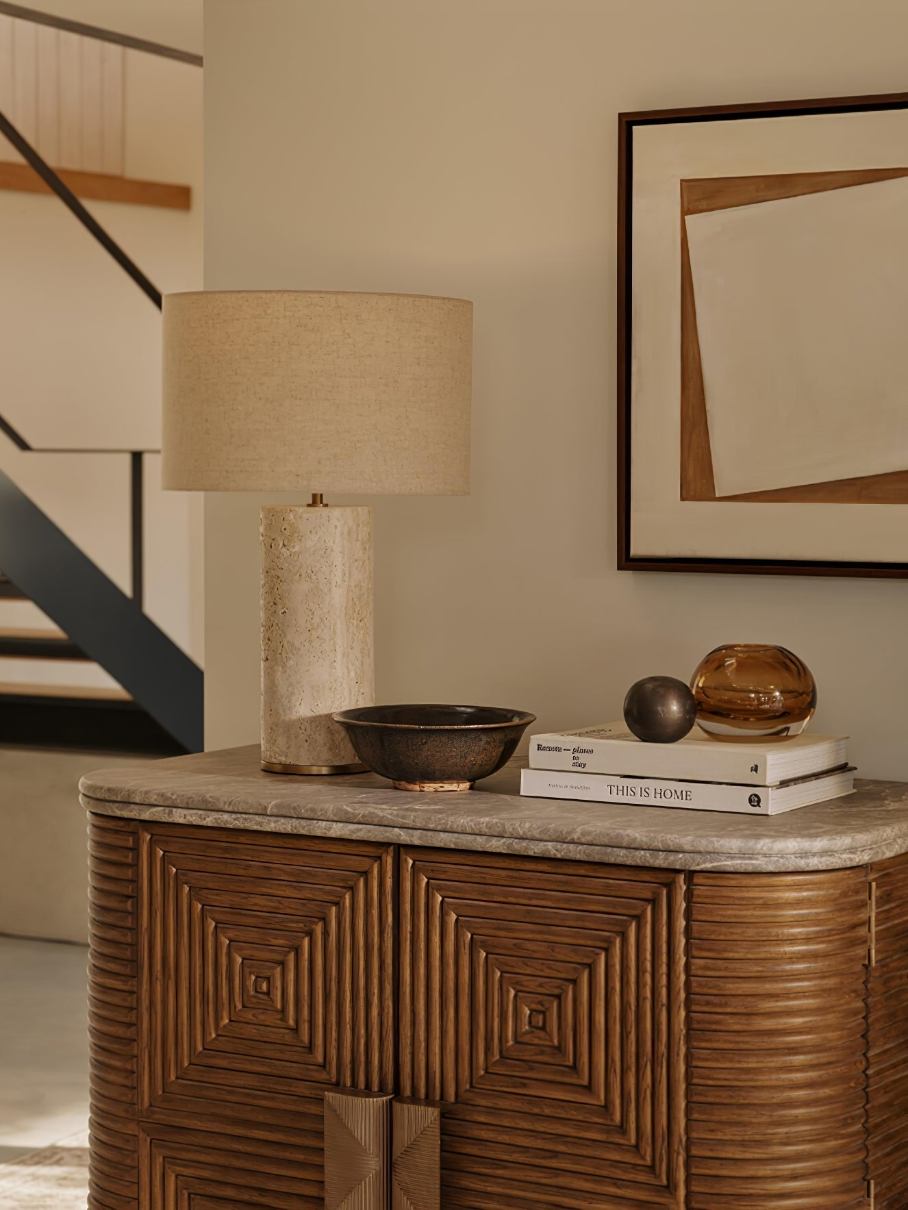 Vonoryra Cylindrical Travertine Table Lamp - Neutral Decor