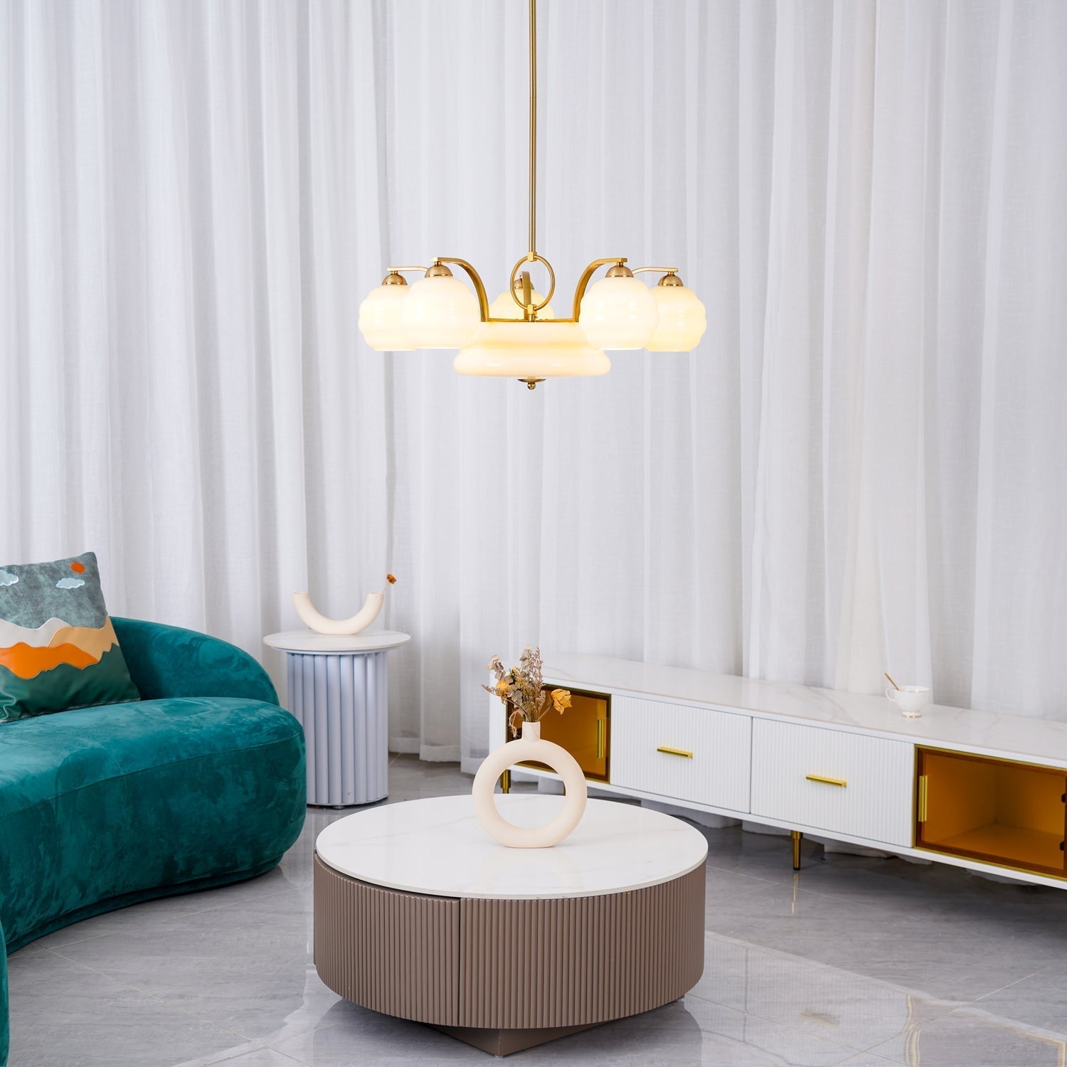 Lustra Chandelier Art Deco Vintage Gold Glass Shades - Neutral Decor