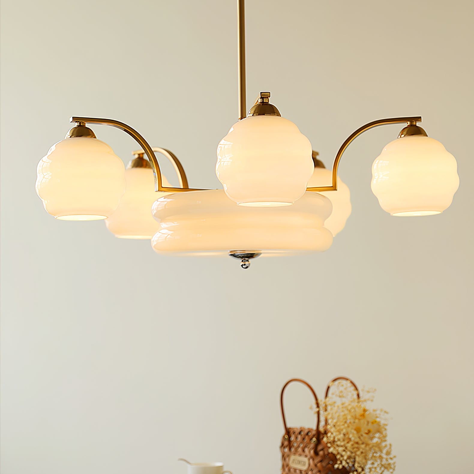 Lustra Chandelier Art Deco Vintage Gold Glass Shades - Neutral Decor