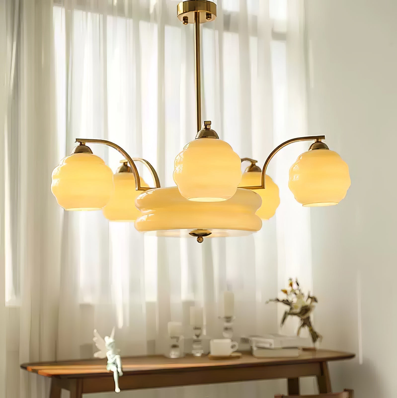 Lustra Chandelier Art Deco Vintage Gold Glass Shades - Neutral Decor