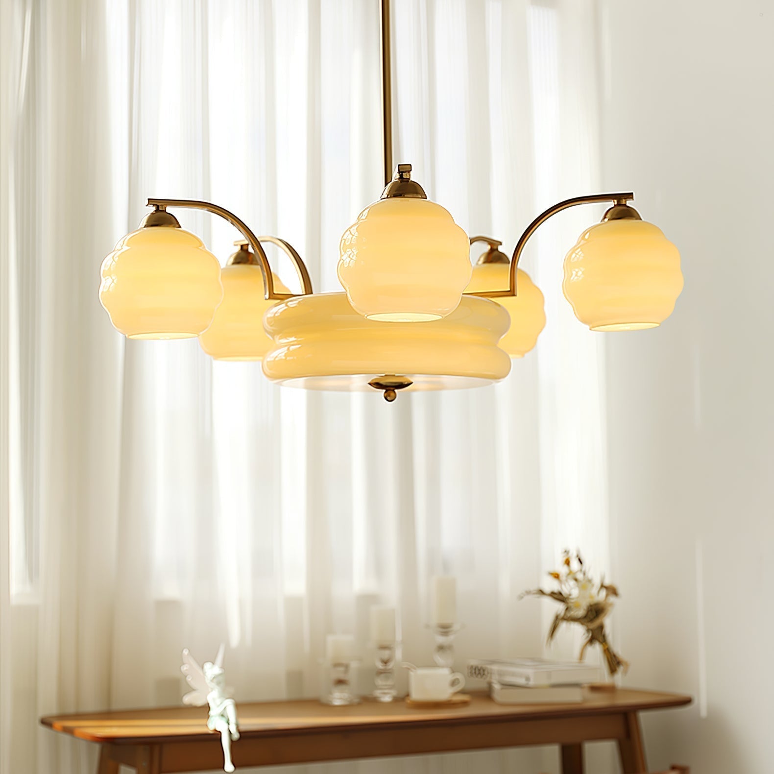 Lustra Chandelier Art Deco Vintage Gold Glass Shades - Neutral Decor