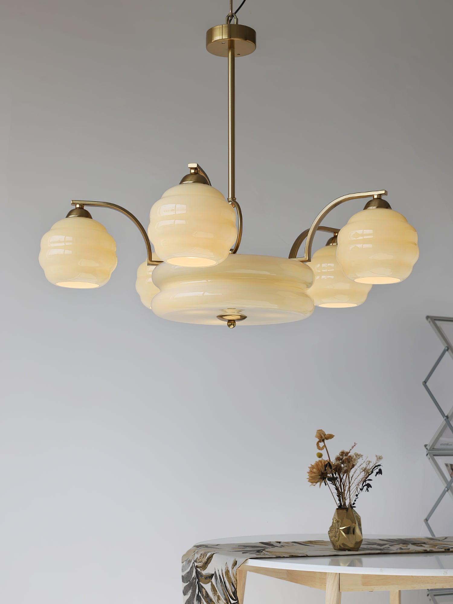 Lustra Chandelier Art Deco Vintage Gold Glass Shades - Neutral Decor