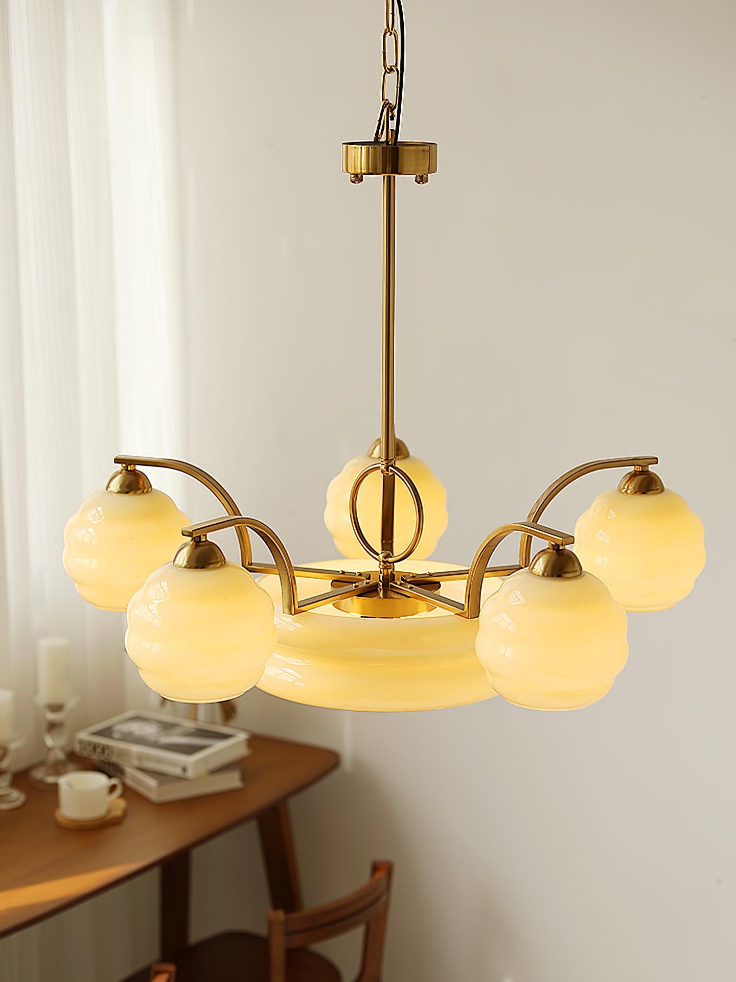 Lustra Chandelier Art Deco Vintage Gold Glass Shades - Neutral Decor