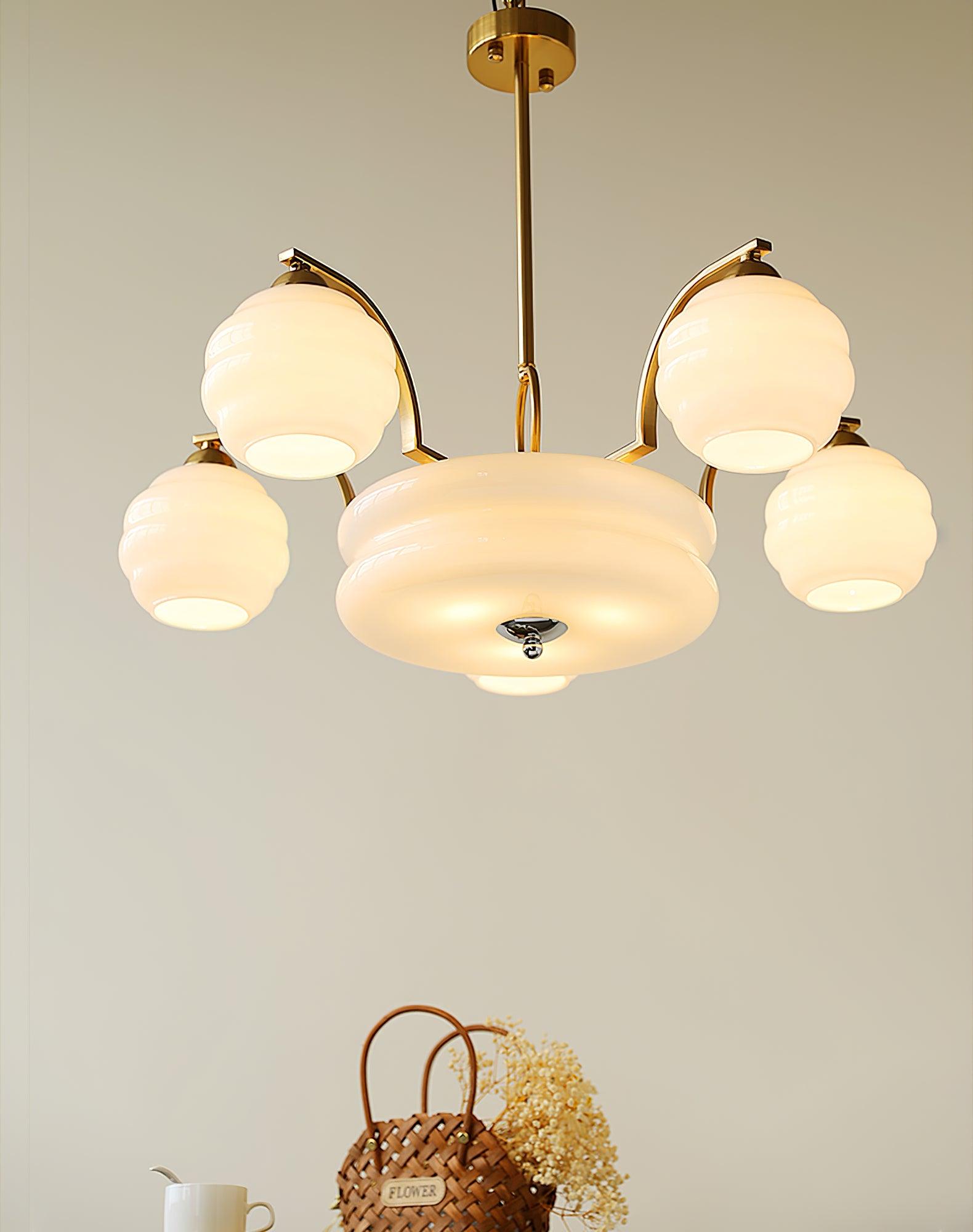 Lustra Chandelier Art Deco Vintage Gold Glass Shades - Neutral Decor
