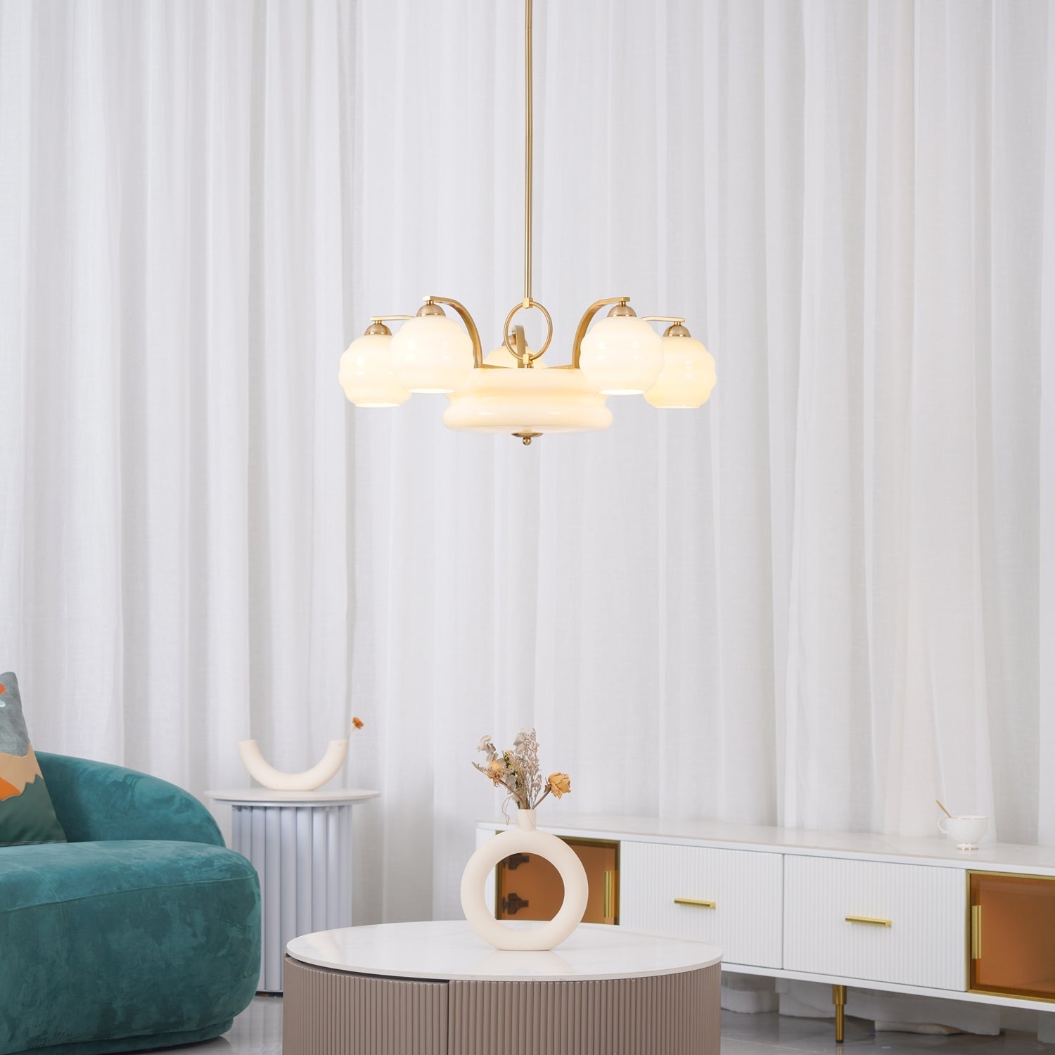 Lustra Chandelier Art Deco Vintage Gold Glass Shades - Neutral Decor