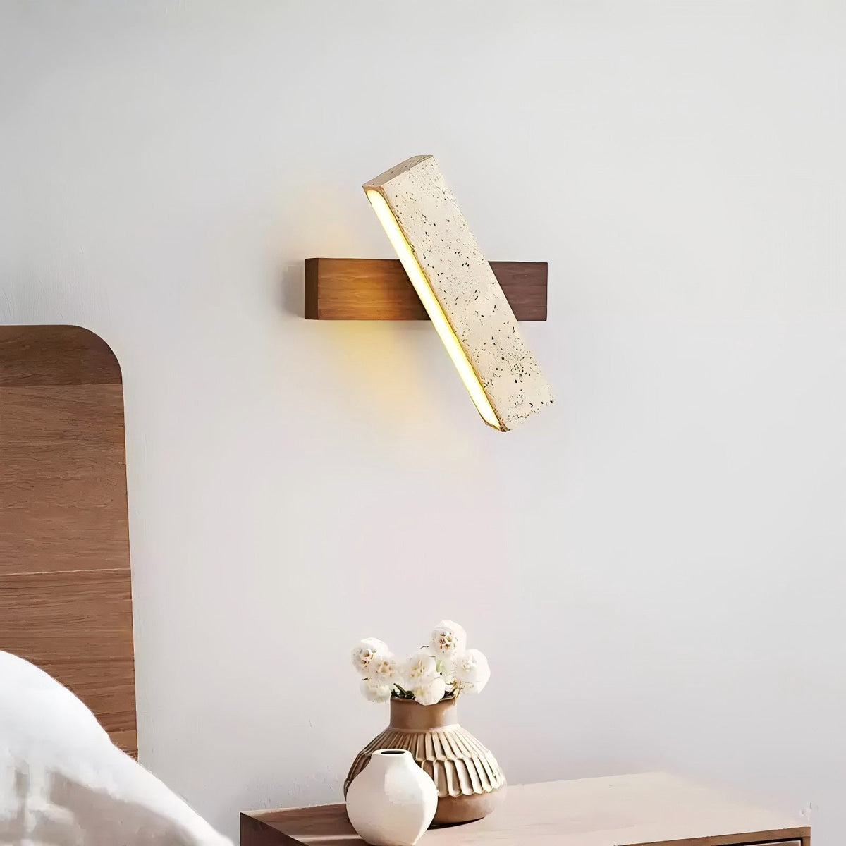 Ostruvyo Modern Minimalist Linear Walnut Travertine Wall Lamp