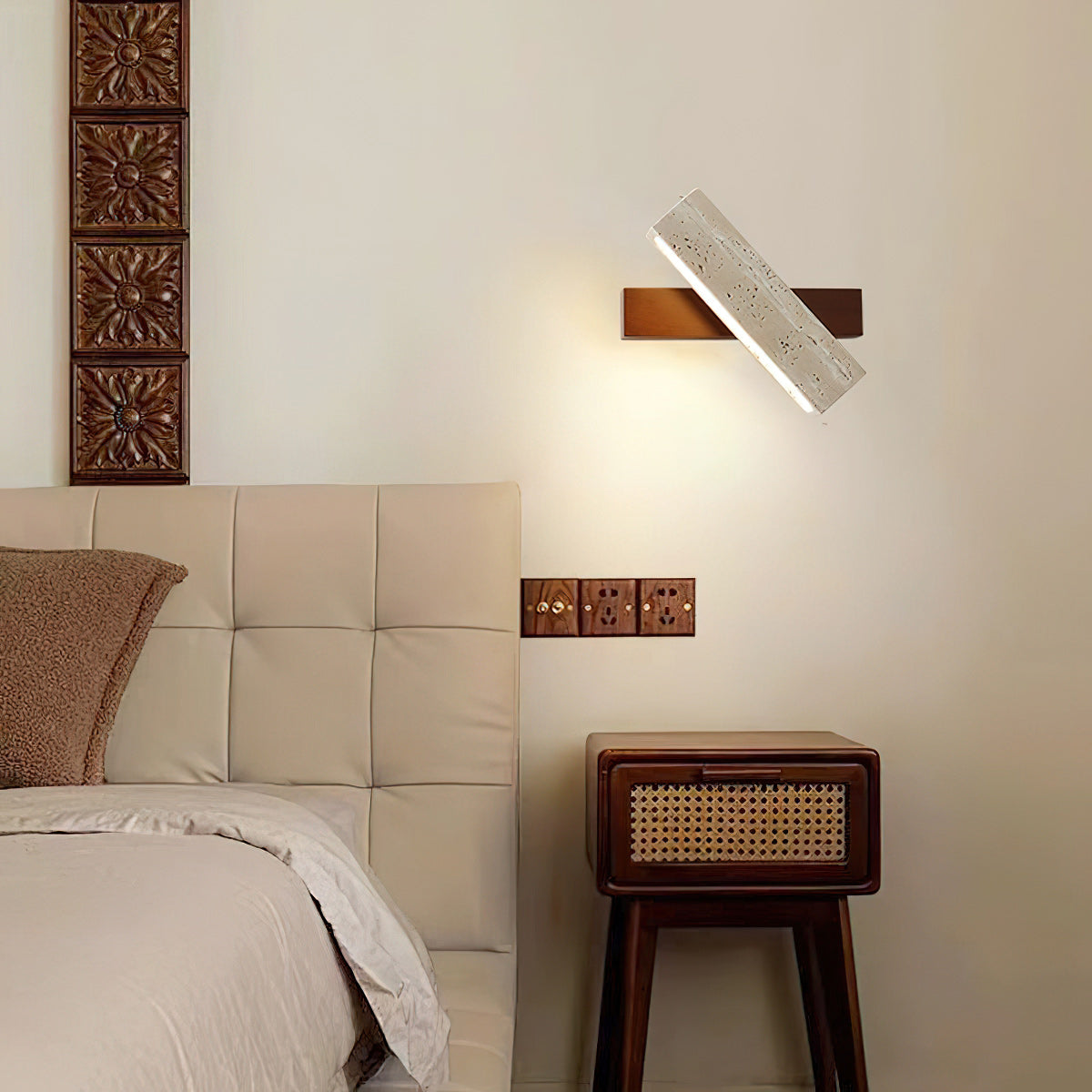 Ostruvyo Modern Minimalist Linear Walnut Travertine Wall Lamp