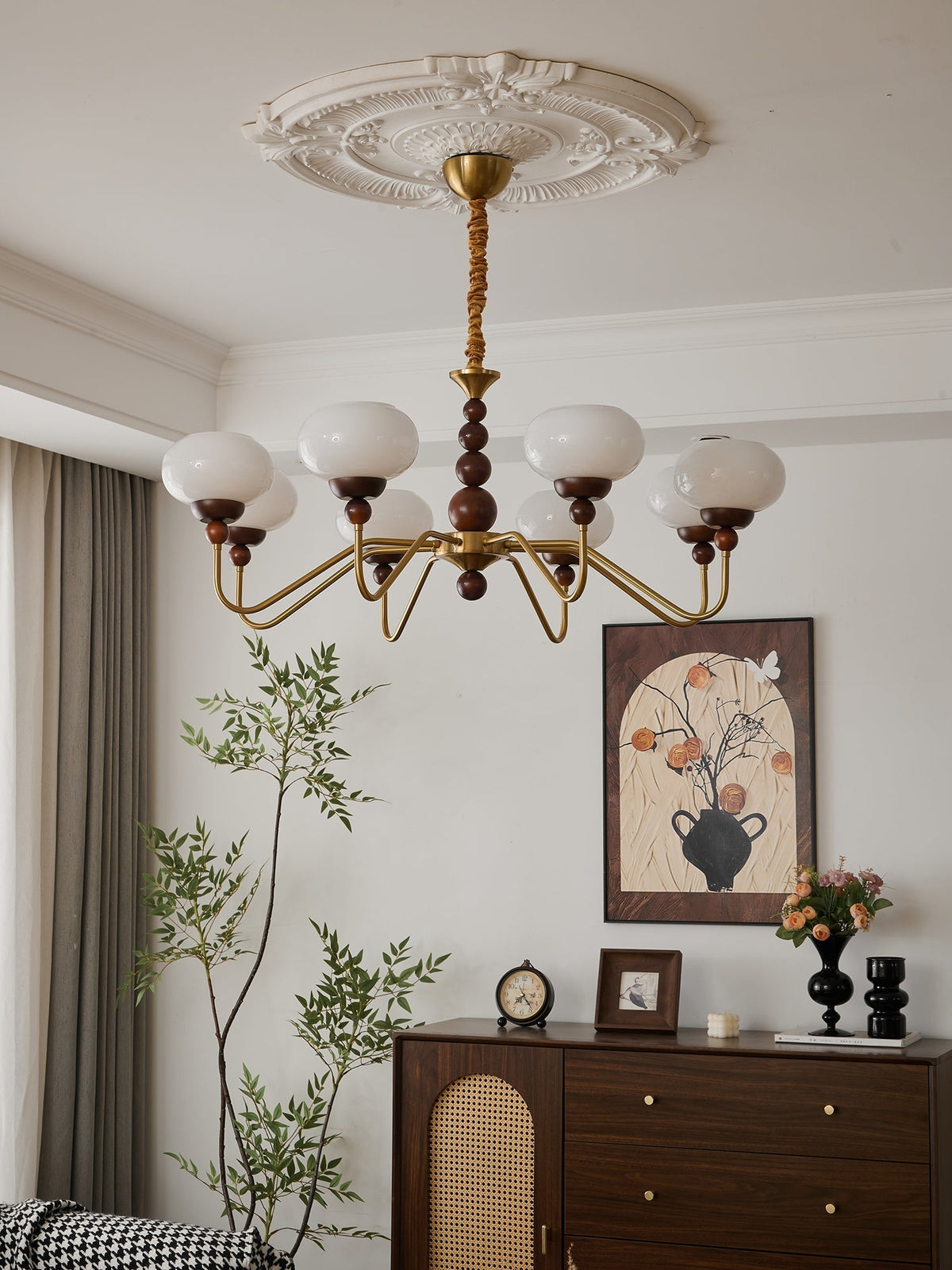 Sylaian Chandelier Glass Wood Brass Modern 6-Light