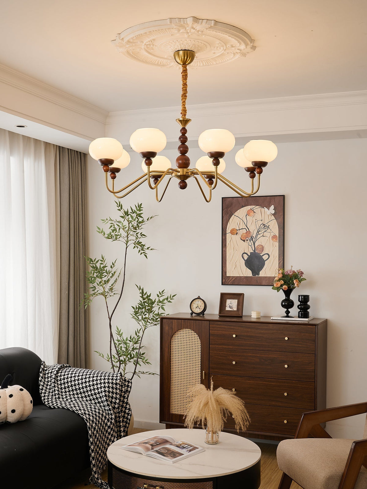 Sylaian Chandelier Glass Wood Brass Modern 6-Light