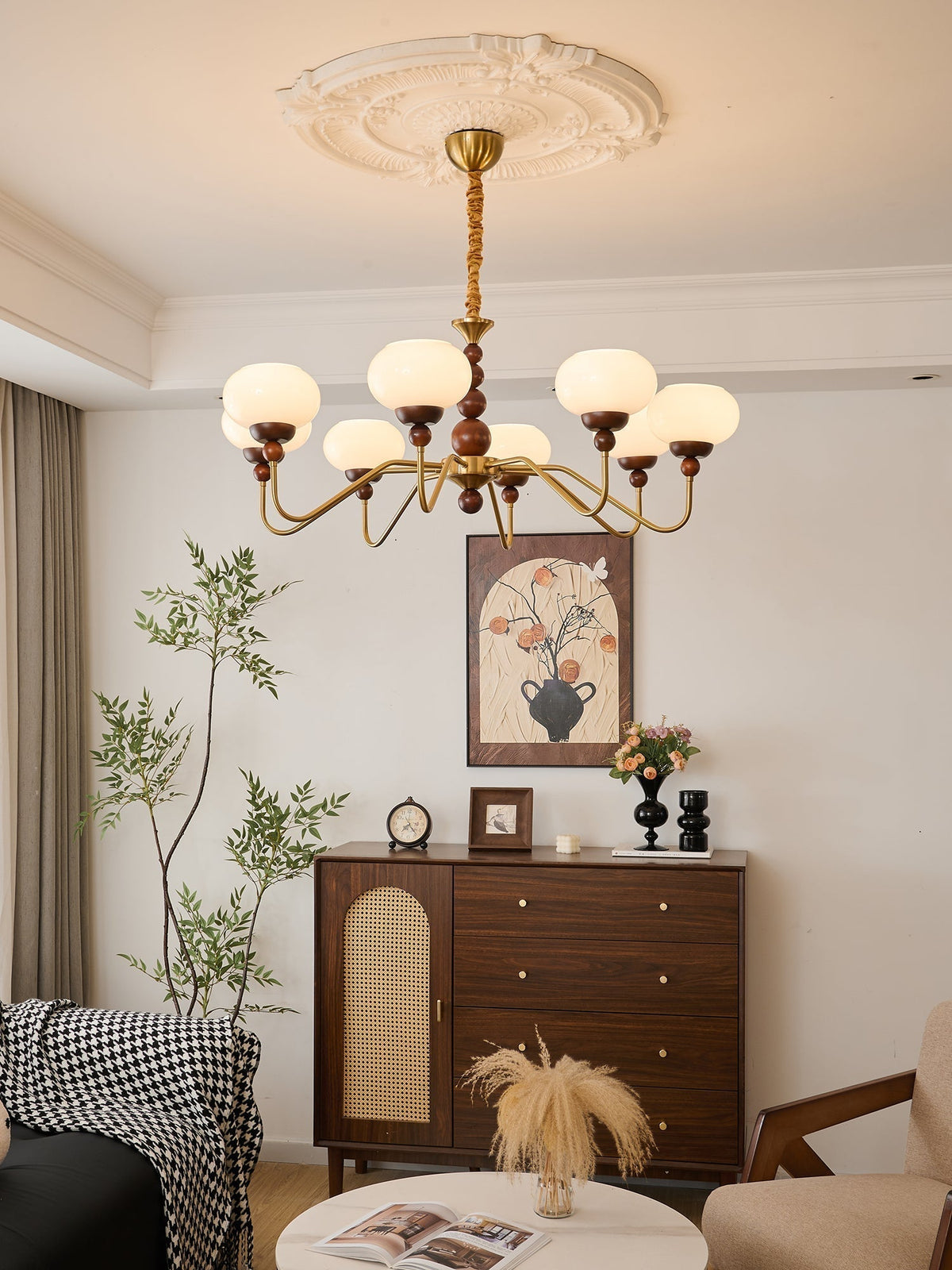 Sylaian Chandelier Glass Wood Brass Modern 6-Light
