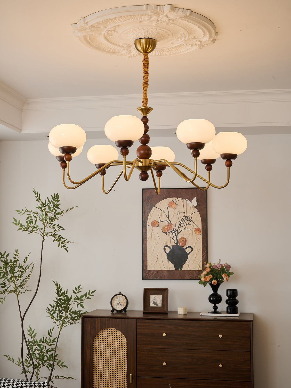 Sylaian Chandelier Glass Wood Brass Modern 6-Light